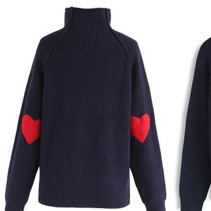 Chic Wish Navy Sweater with Red Heart Elbow Patches Size S/M NWOT